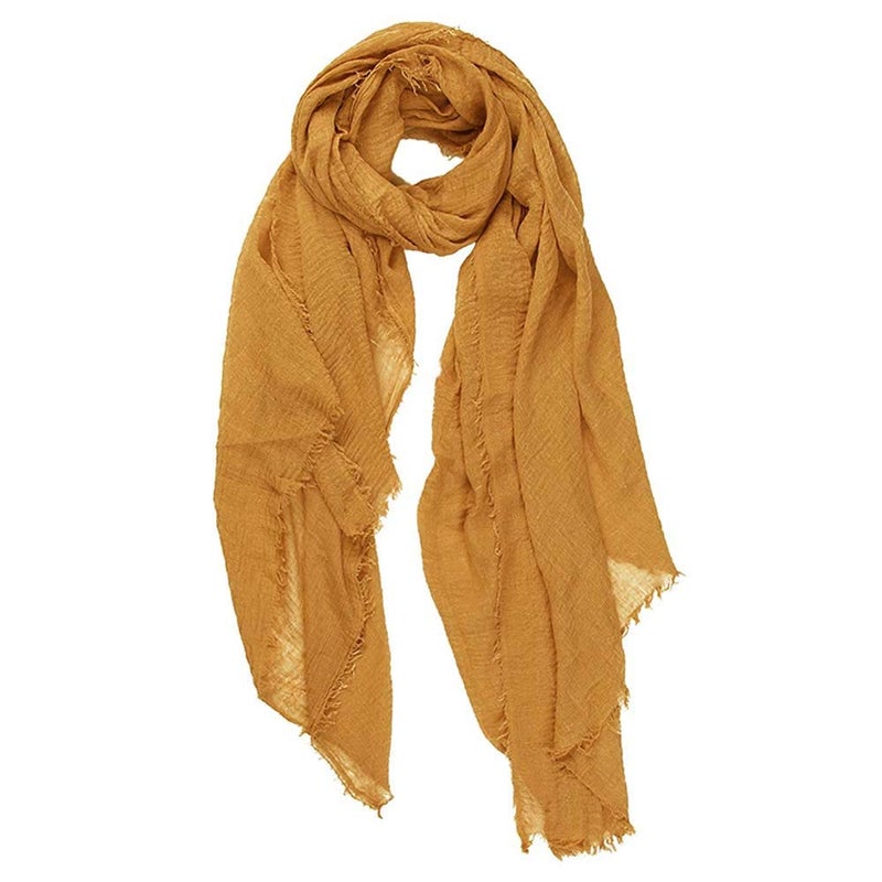 XRDSS Summer Cotton Blend Crinkle Vintage Soft Scarf with Fringed Edges 35" Ã— 70" (Yellow) - Image 1